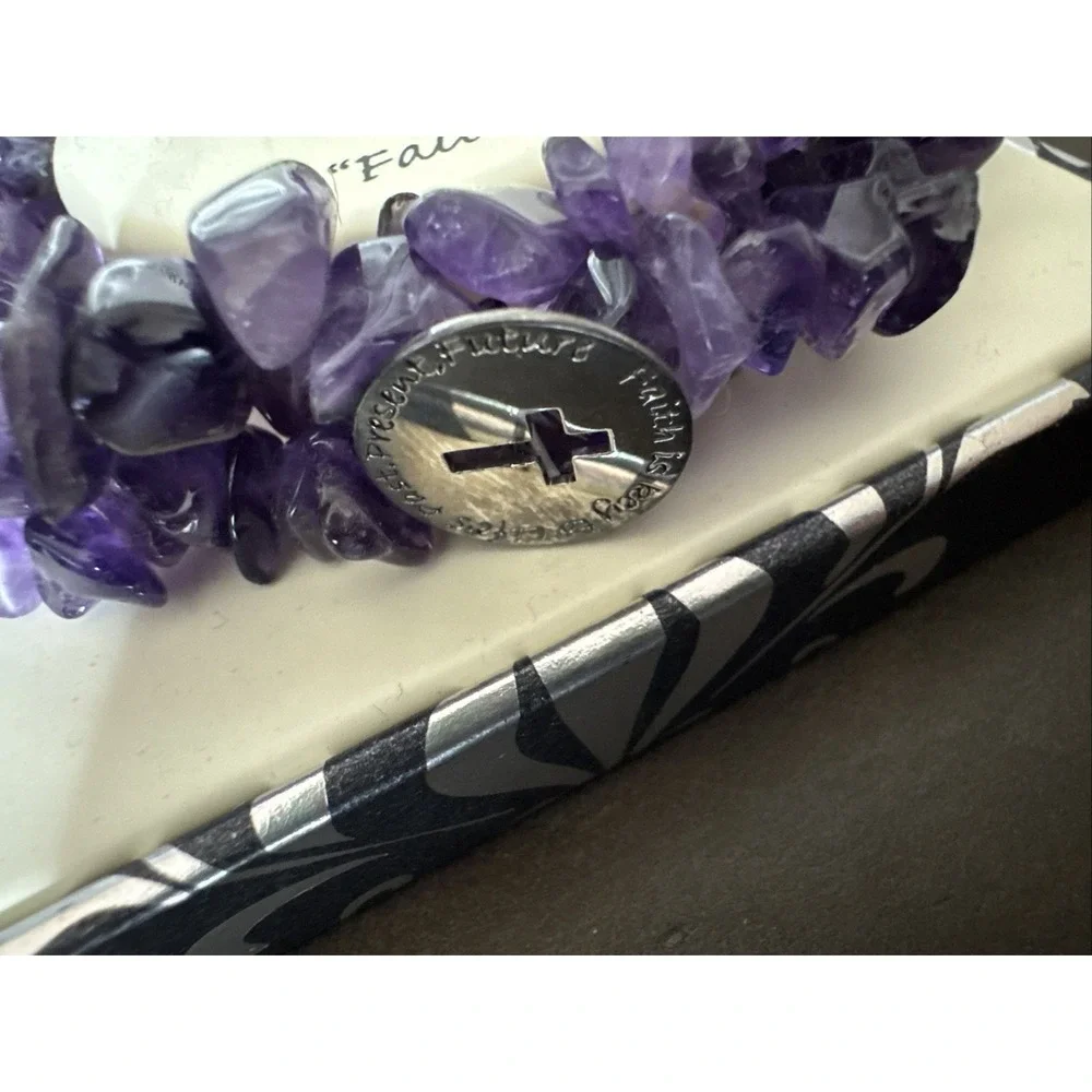 Bracelet Genuine Polished Amethyst Stretch Sterling Christian Cross Charm NWT